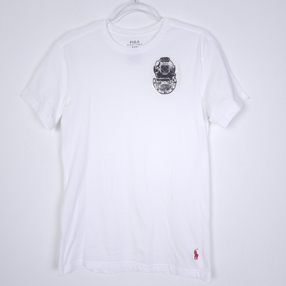 Polo Ralph Lauren White Tee with DIY vintage diver helmet graphic size M - Picture 1 of 7